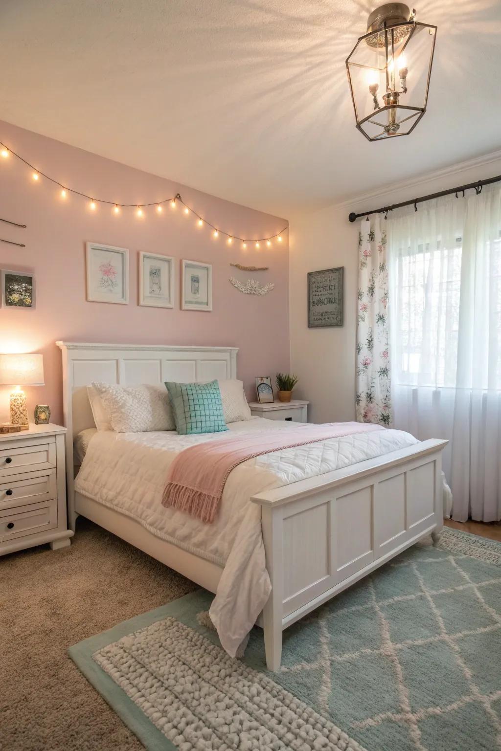 A bedroom with pastel tones creating a serene atmosphere.