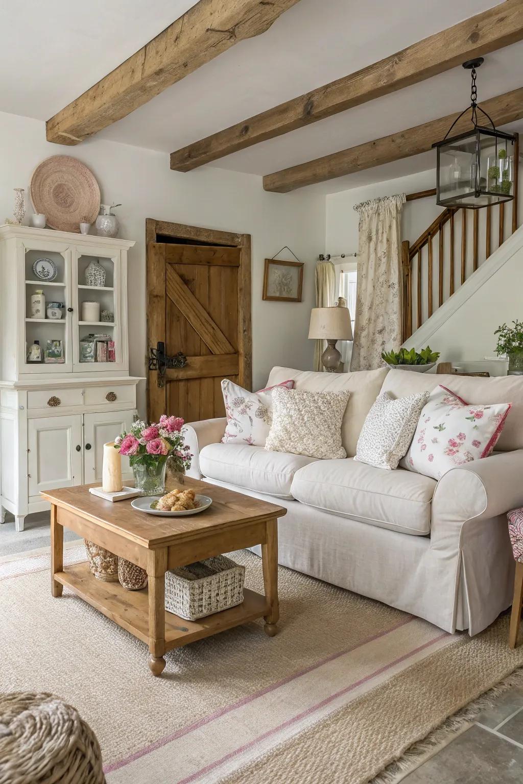 A countryside cottage living space featuring a neutral color story.