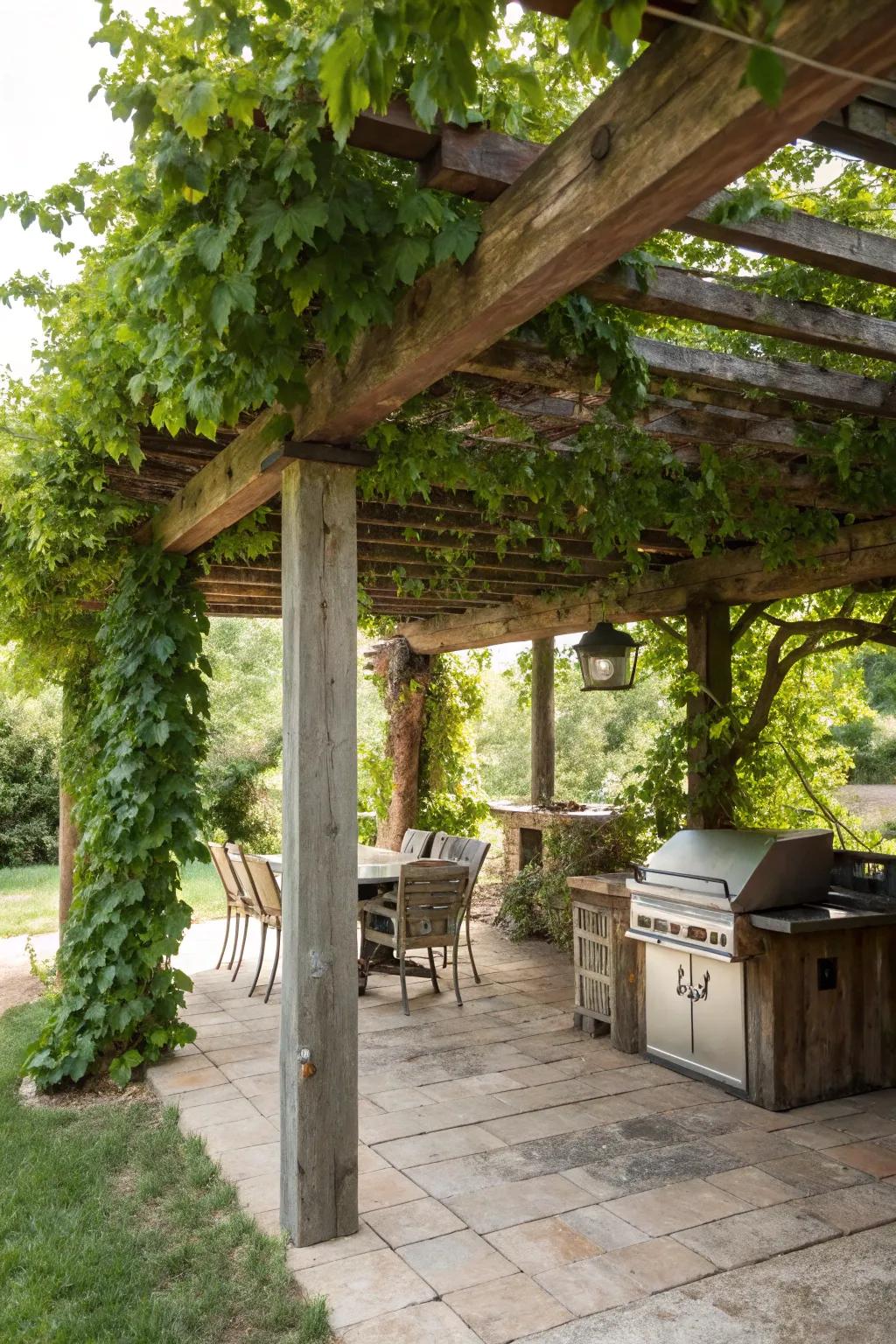 A charming pergola with climbing vines offering shade over a cooking space.