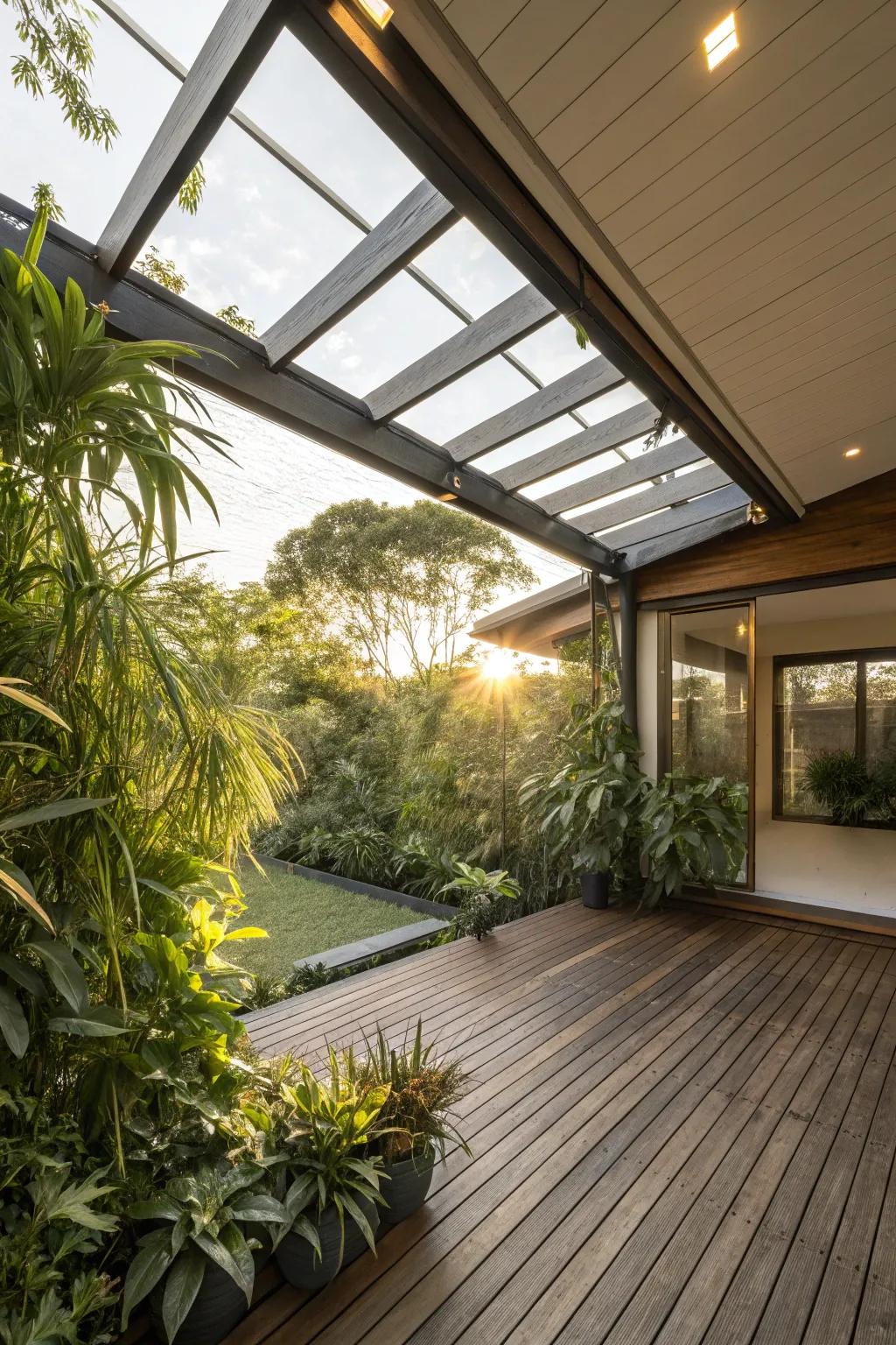 A timber plank canopy, punctuated with skylights, infuses your patio with warmth and radiance.