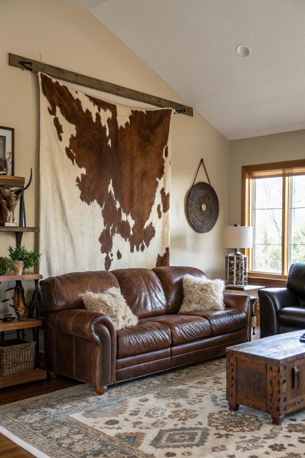 A commanding cowhide wall adornment establishes a focal point in a fashionable living space.