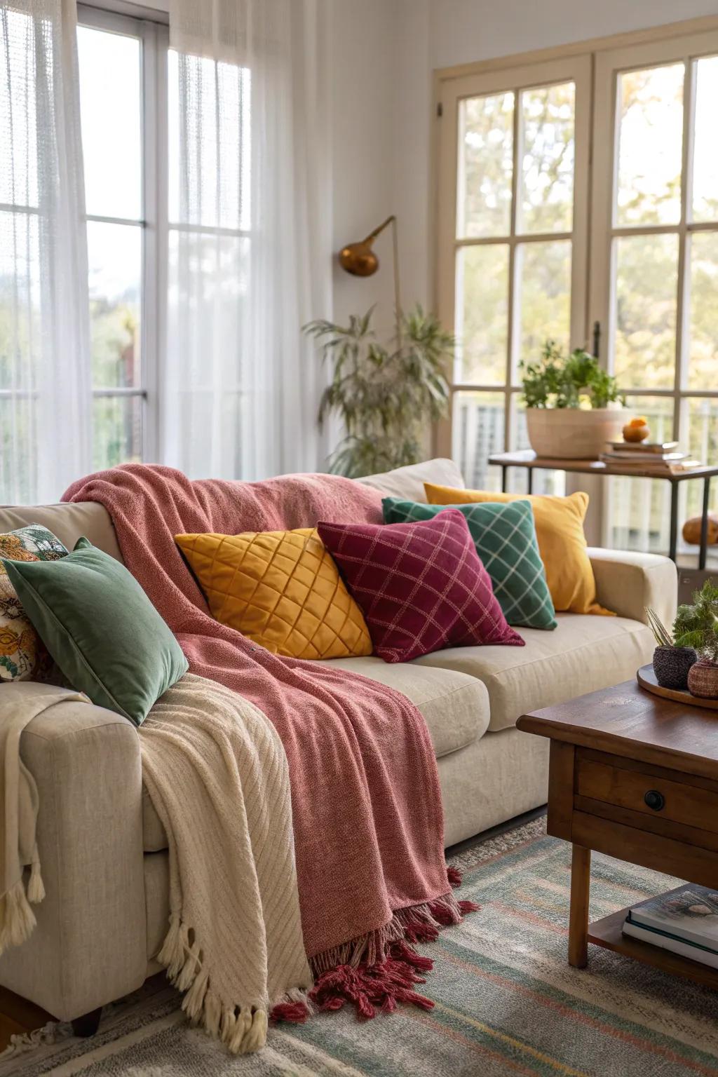Combine sumptuous cushions with inviting throw blankets to fashion a gentle, welcoming space.
