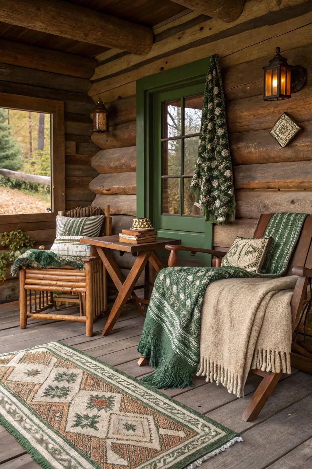 A log cabin interior showcasing earthy tones and natural textures.