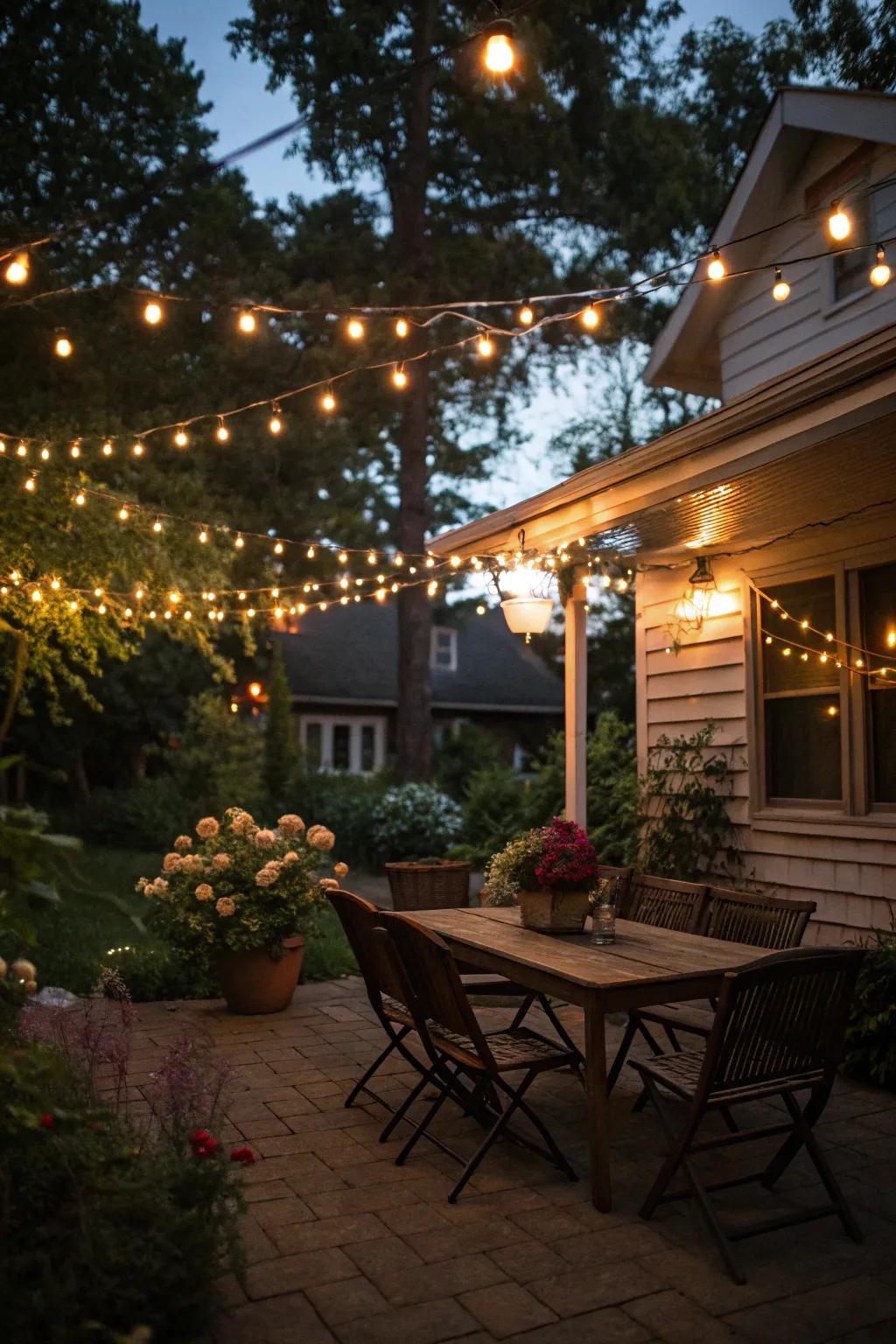 String lights add a magical glow to any patio setting.