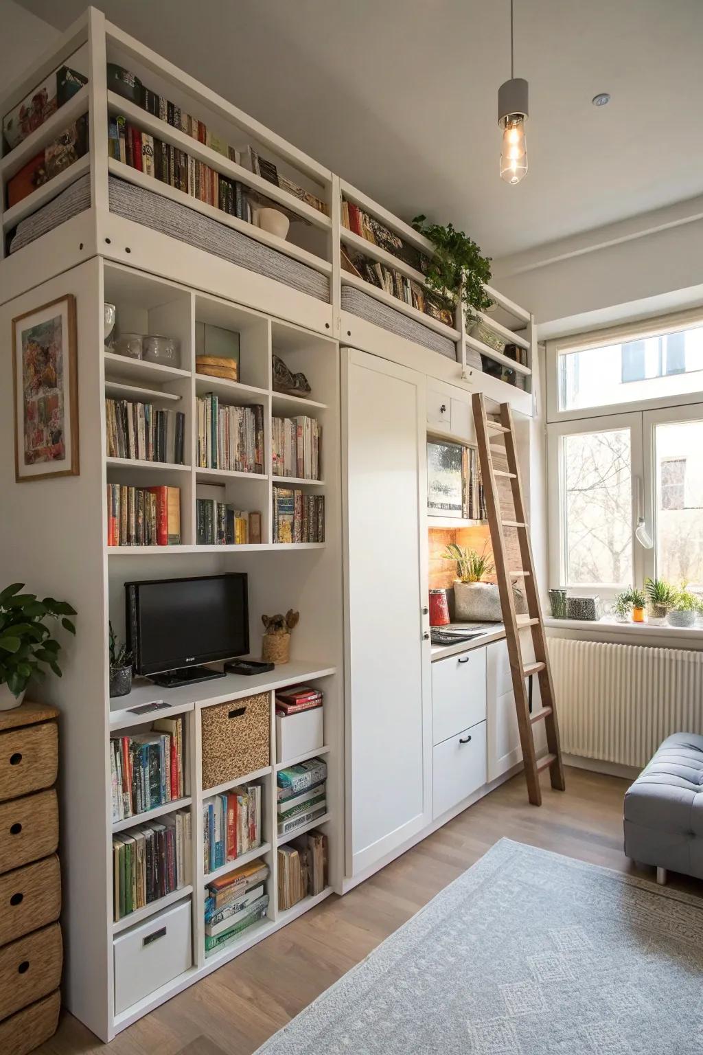 Effectively utilizing vertical space in a studio apartment.