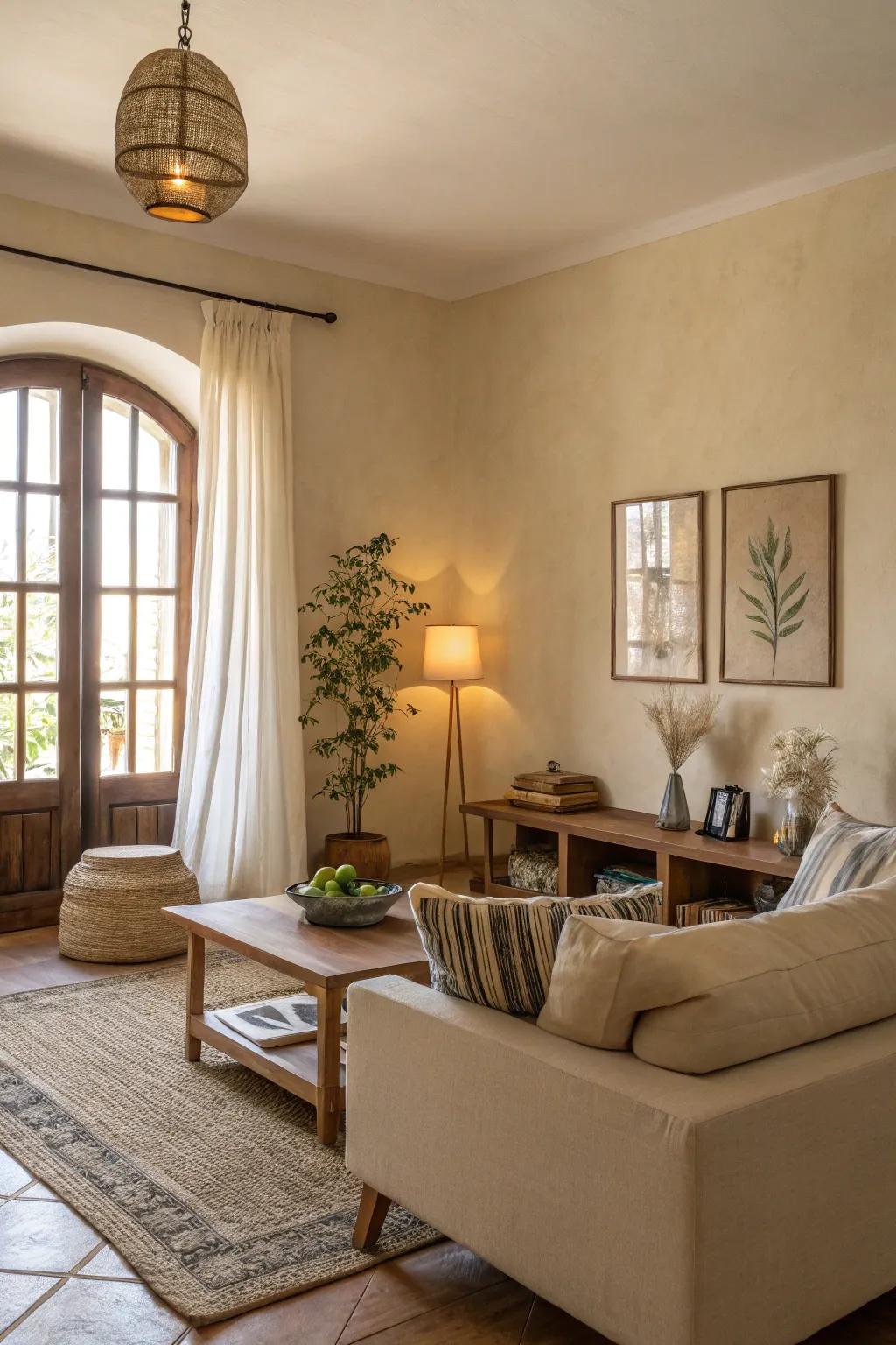 Beige walls foster a calm and attractive setting.