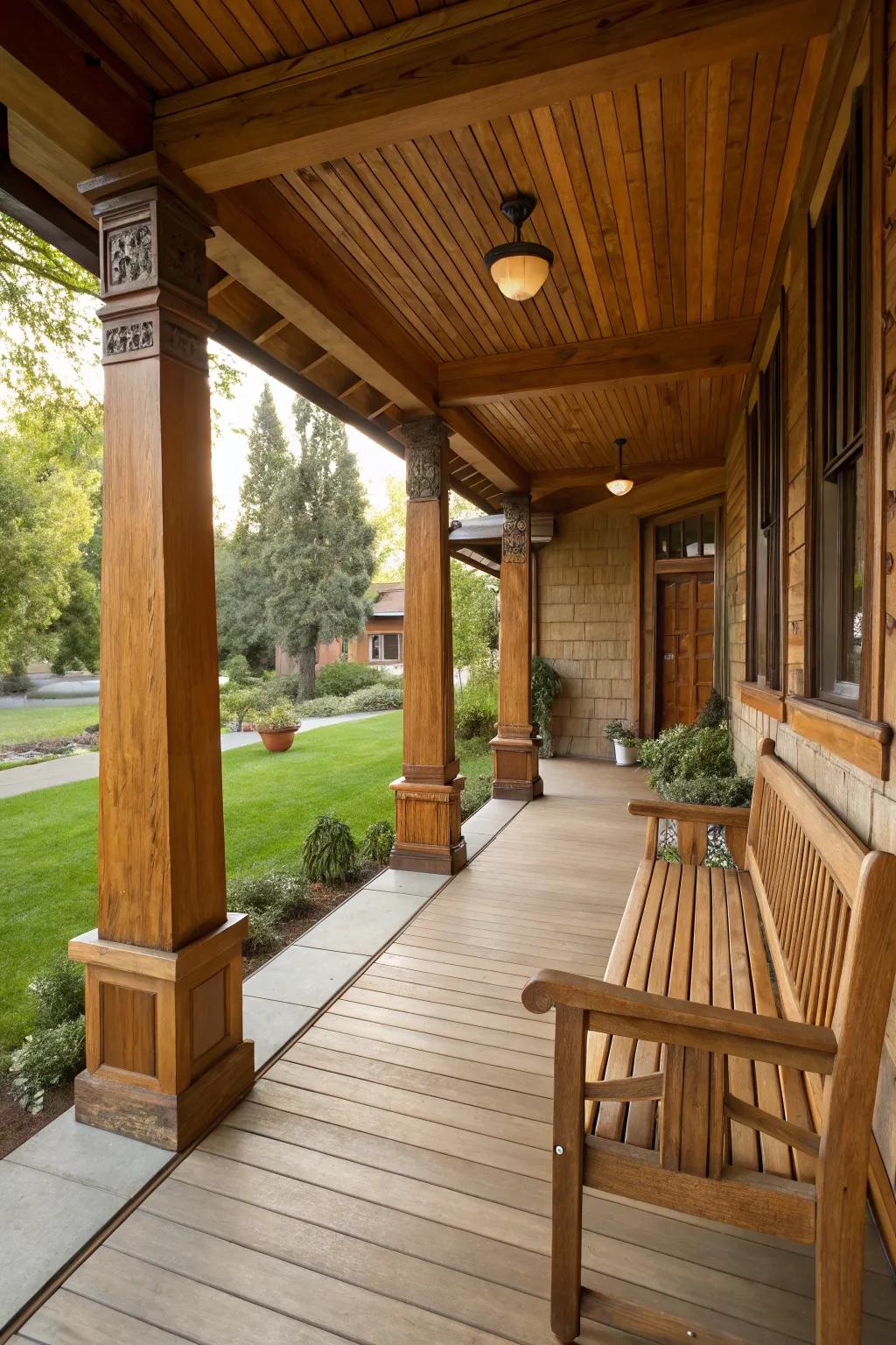 Timber supports bring out the old-world allure of this Craftsman porch.
