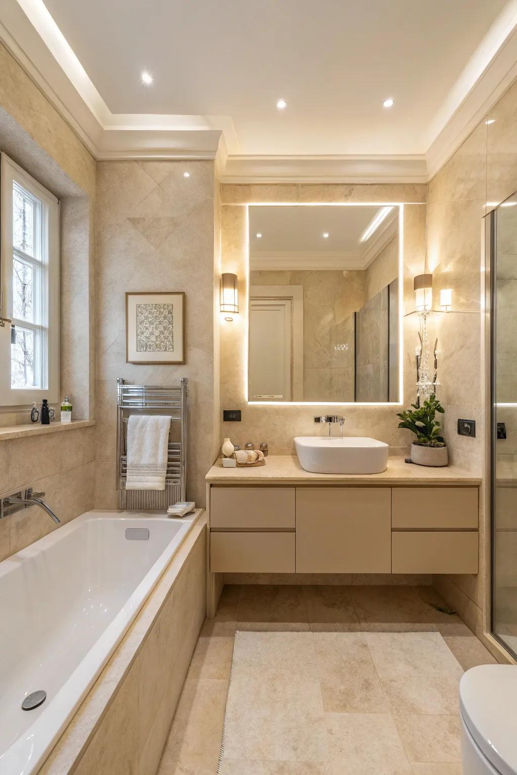 A harmonious fusion of cream and light brown tones crafts a calming bathroom getaway.
