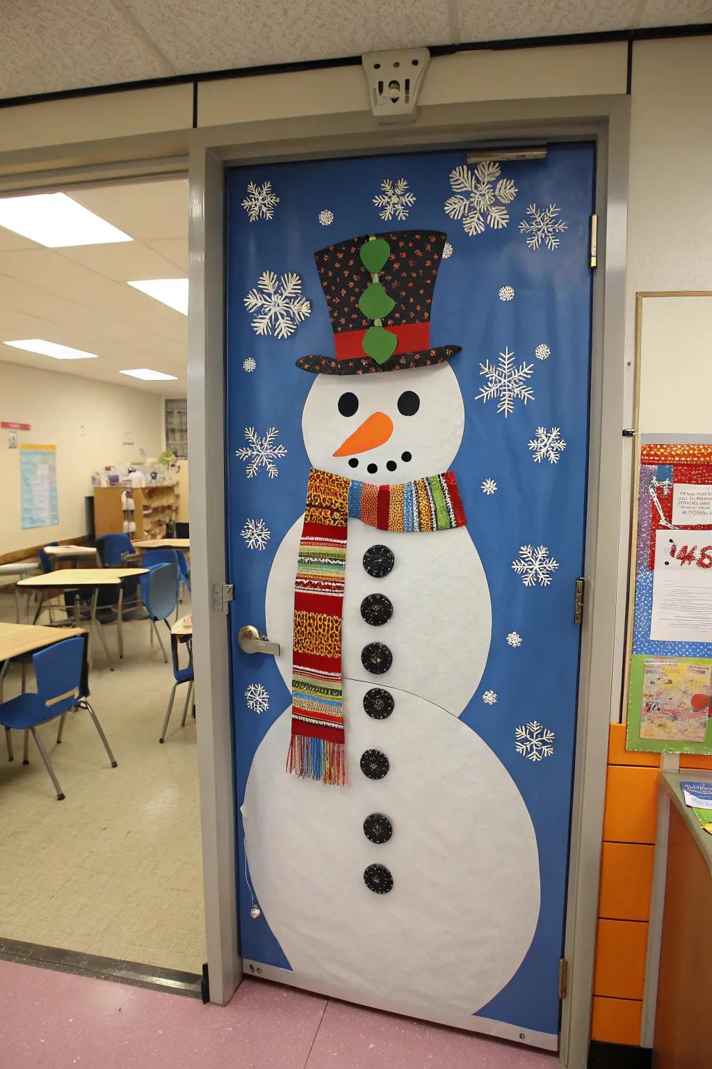 A classroom door transformed into a joyous snowman, highlighted by a colorful scarf.