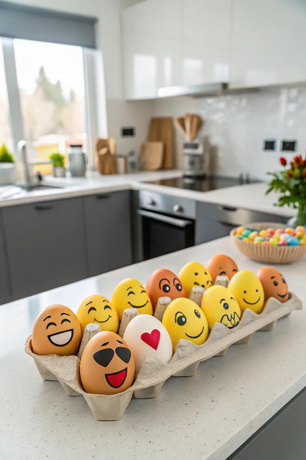 Vivid emoji eggs incorporating a spirited element to kitchen decor.