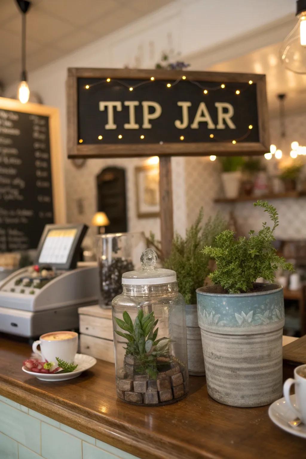 A tip container with a classic pun inscription at a snug café