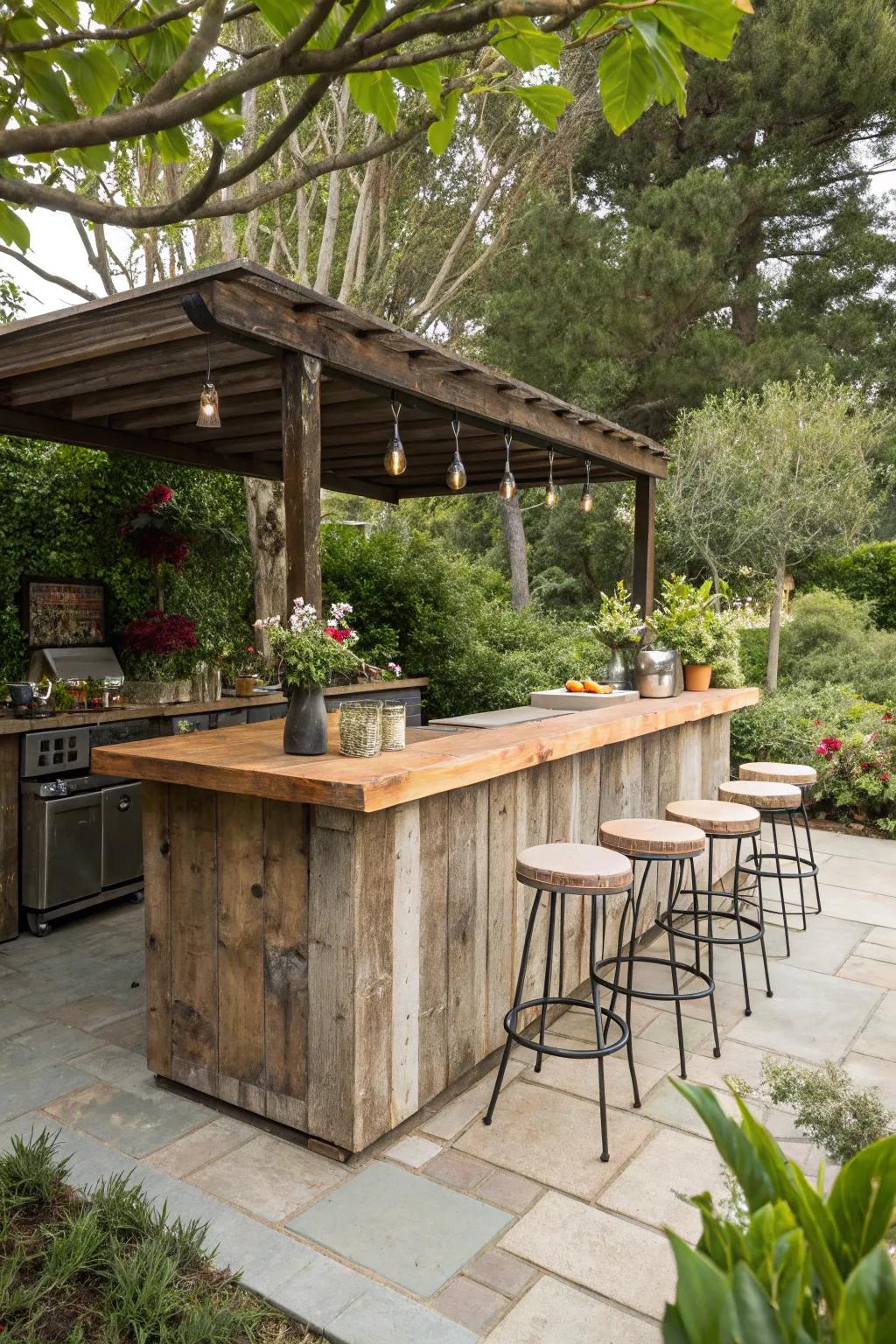 An outdoor bar with rustic character, fashioned from reclaimed wood.
