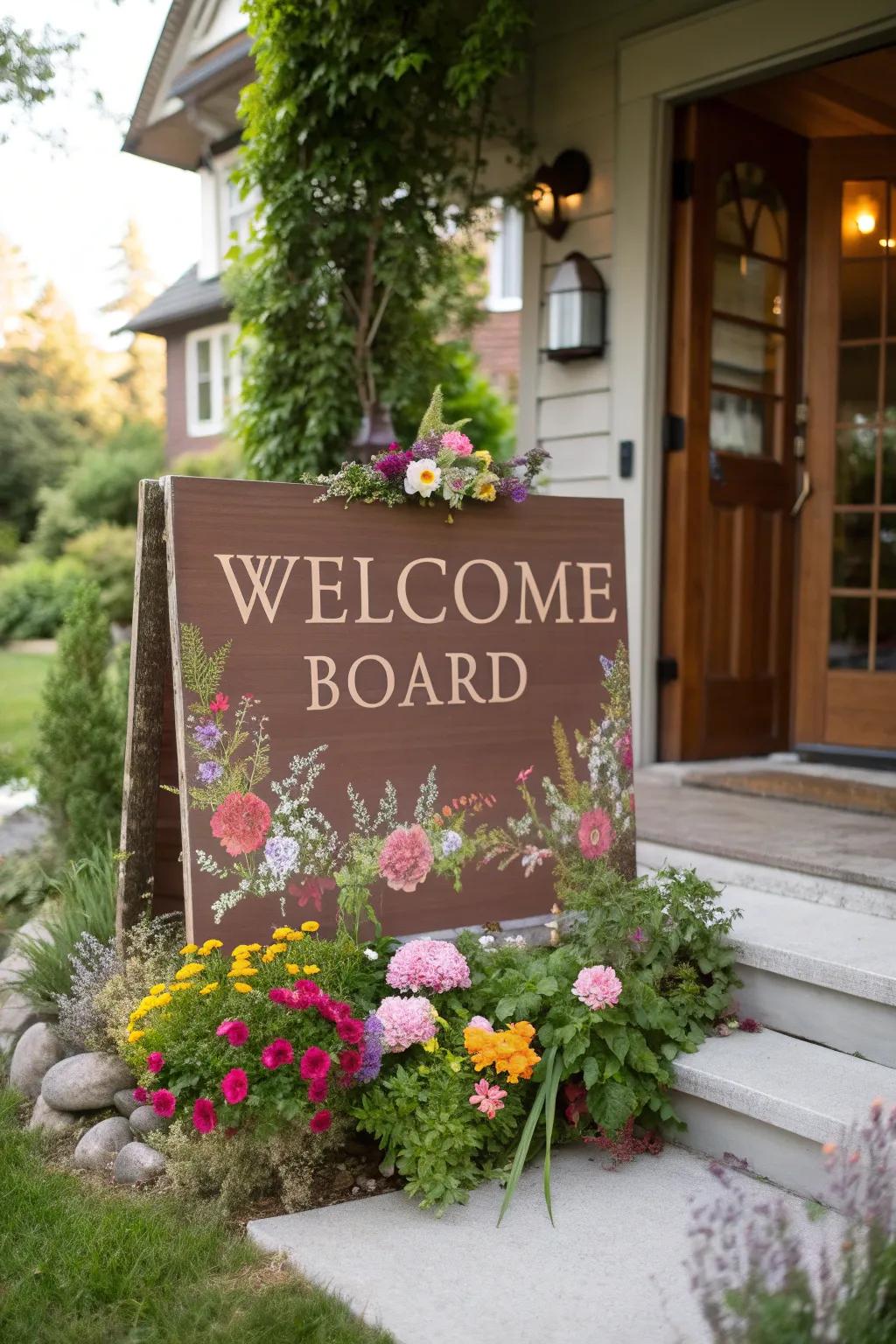 A floral-themed welcome sign introduces nature’s charm to your home.
