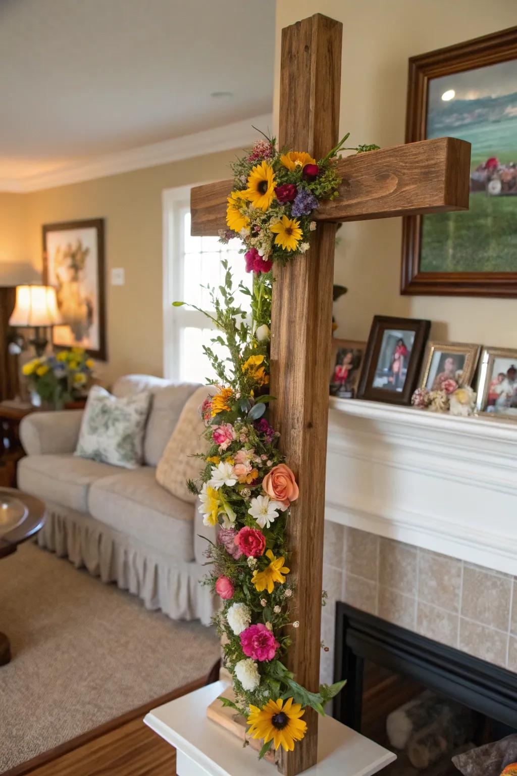 A wooden cross exquisitely embellished with spring flowers