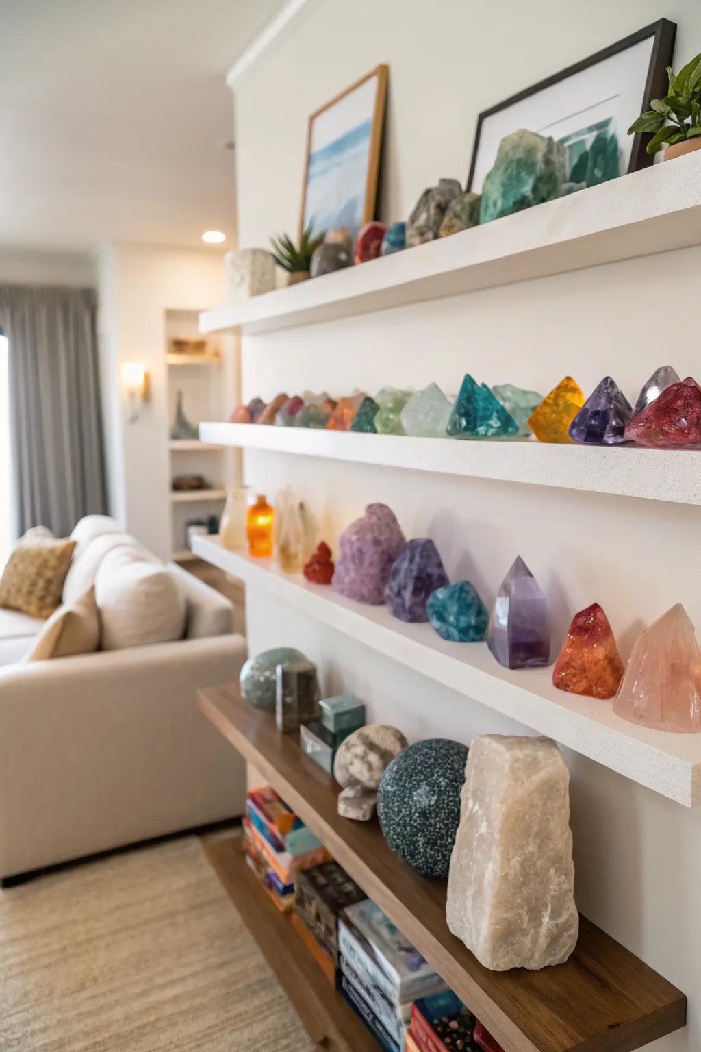 Wall-mounted shelves showcasing a mesmerizing array of crystals arranged by color.