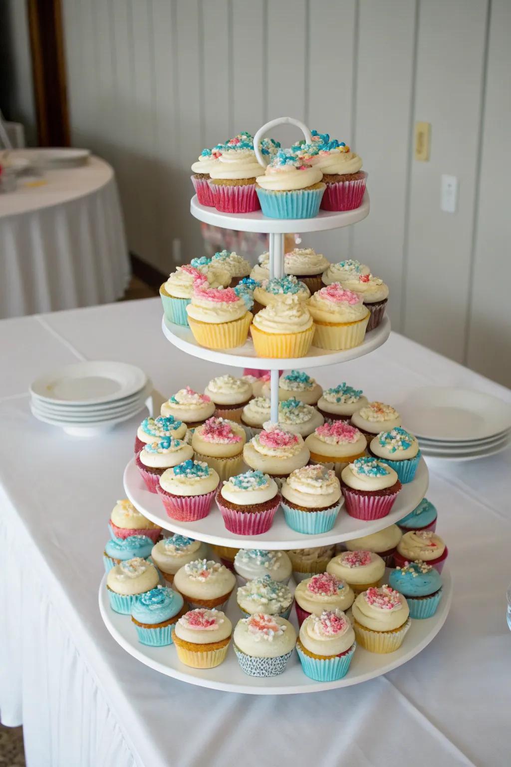 Tiered stands showcasing cupcakes with staggered heights for added visual intrigue.