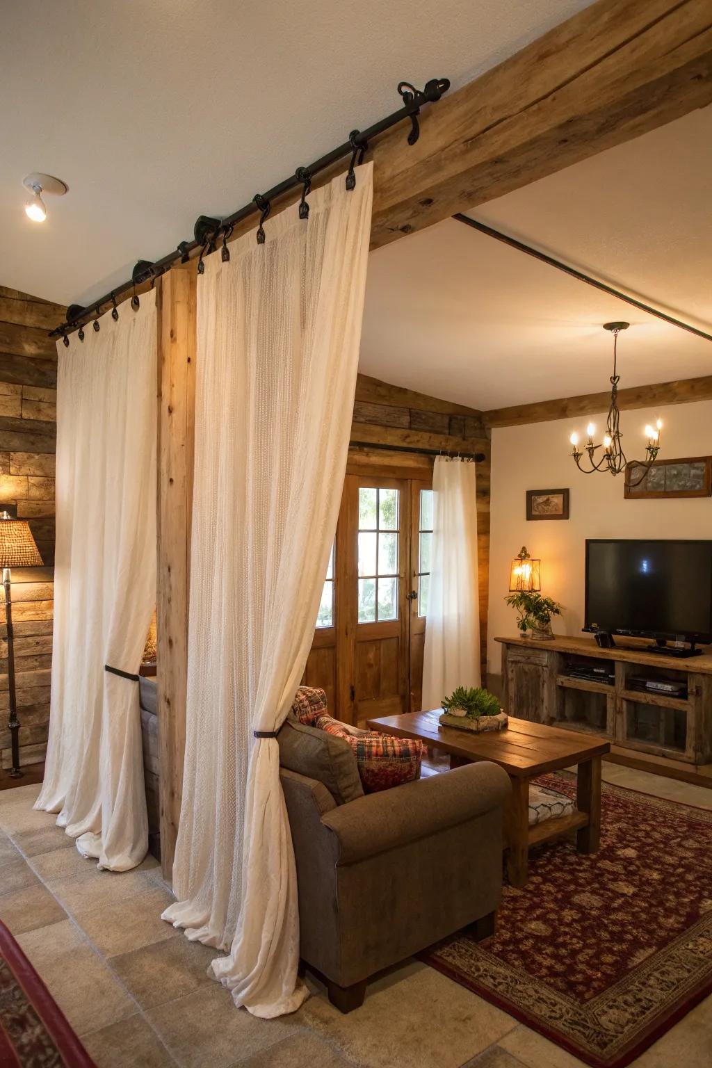 A charming, bespoke curtain support crafted from reclaimed timber contributes a homespun element.