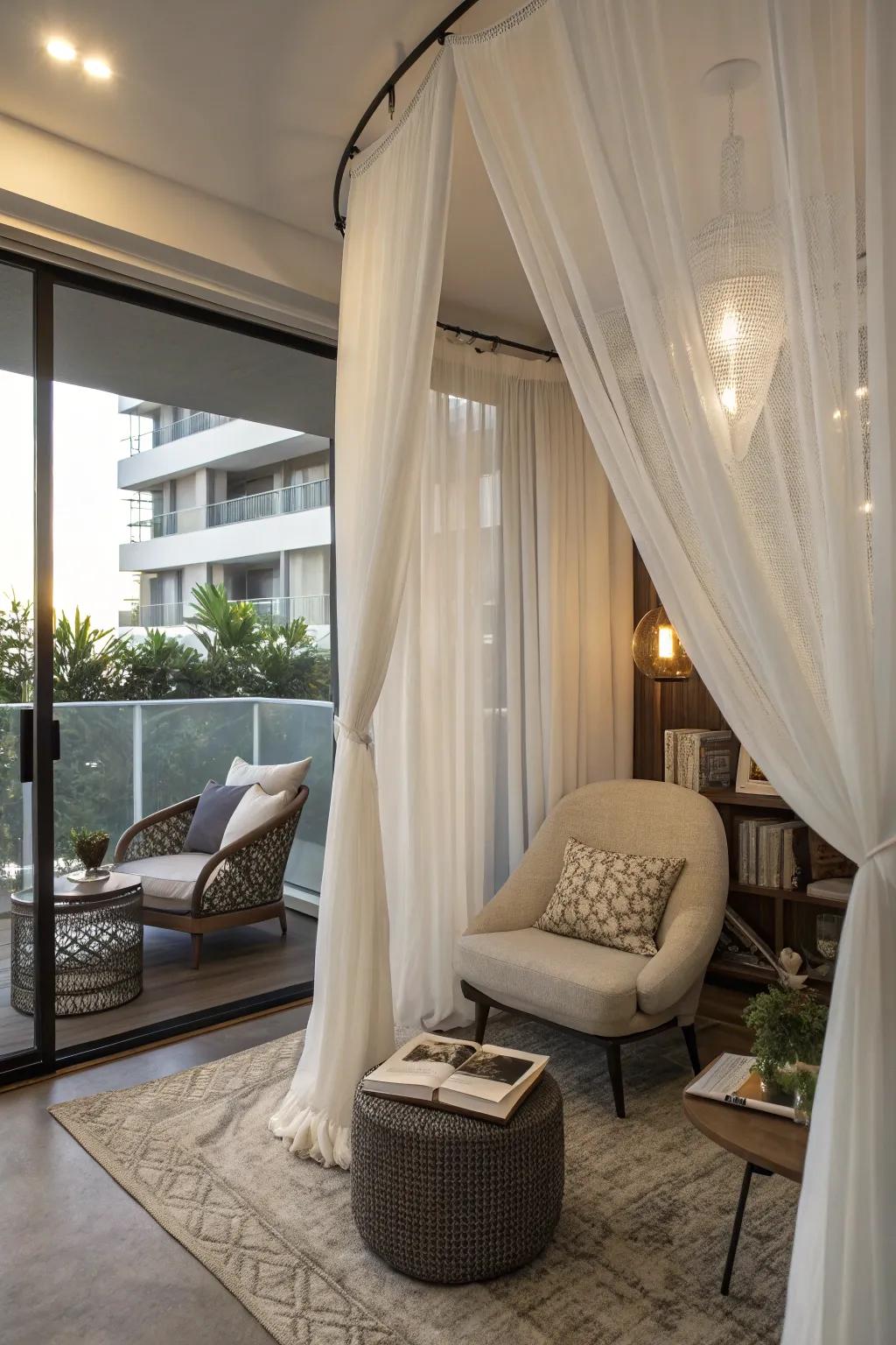 A tranquil bedroom alcove crafted with translucent curtains, radiating a dreamy charm.