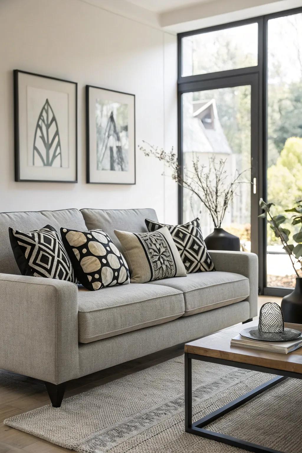 Monochrome cushions contribute an ageless sophistication to a grey couch.