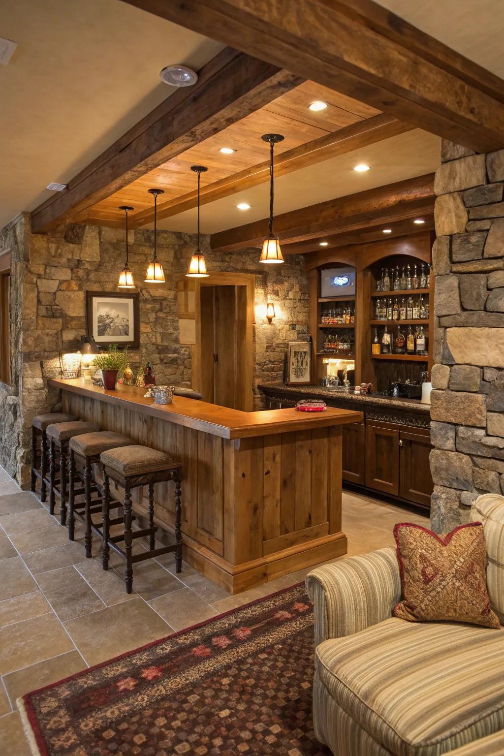 A rustic home bar showcasing wooden and stone features for a cozy atmosphere.