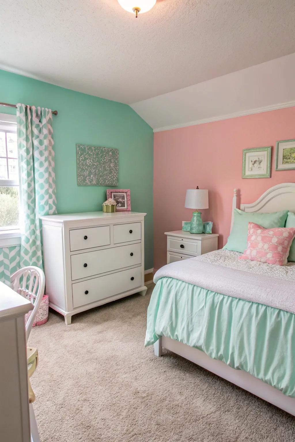 Bedroom featuring a pastel palette, showcasing gentle pinks and greens.