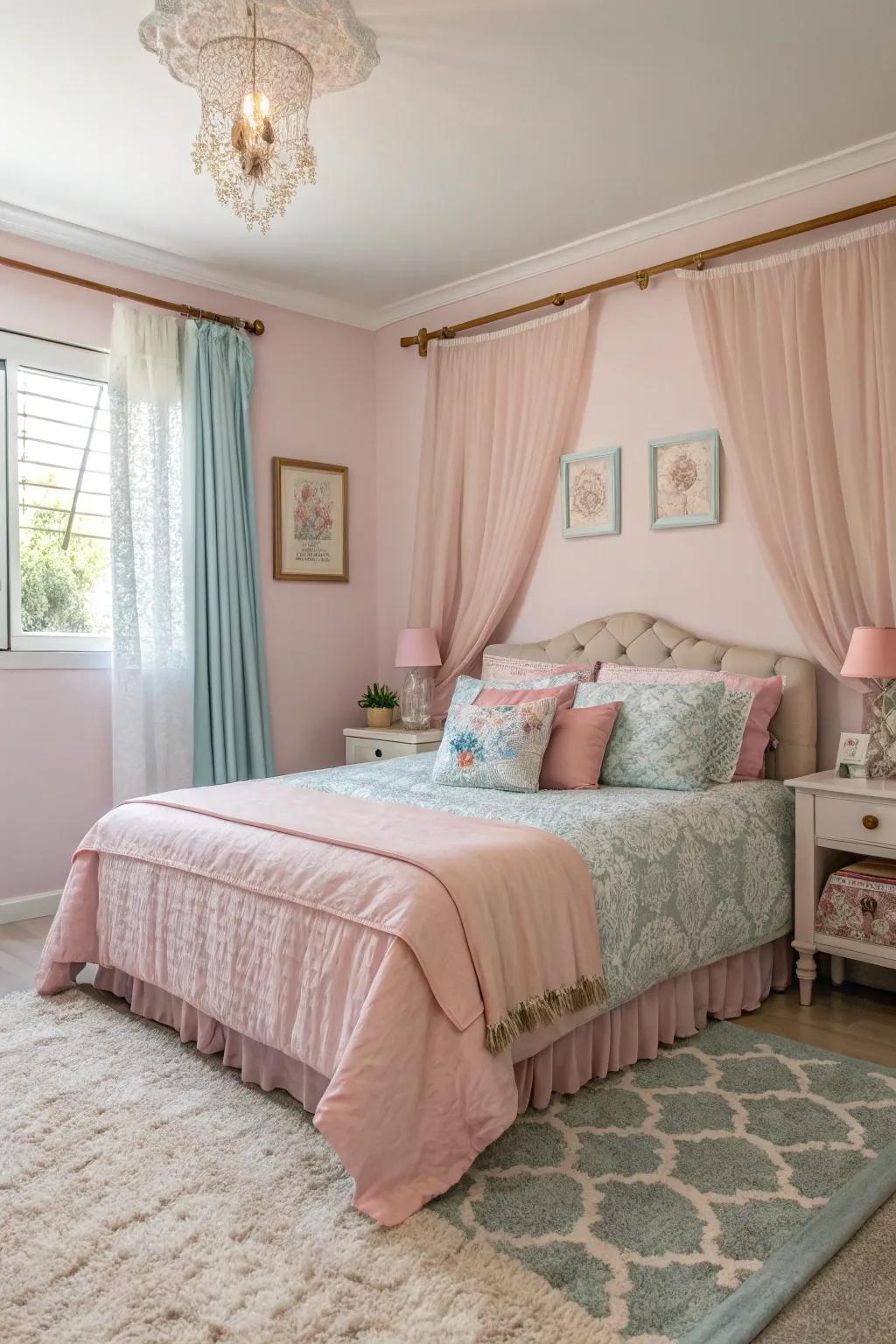 A serene and harmonious pastel-colored bedroom designed for sisters.
