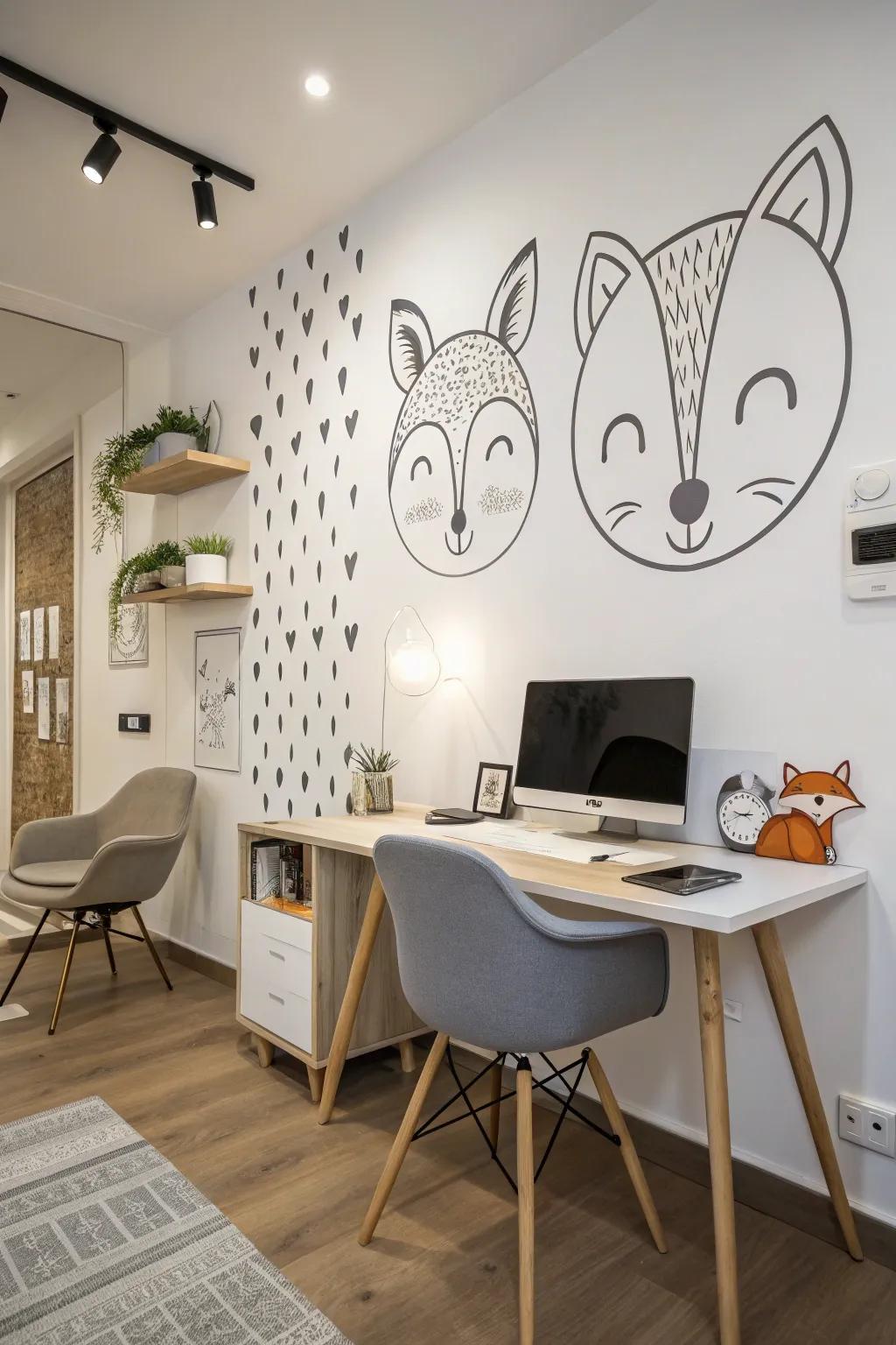 Understated animal illustrations adding charm to a home office.