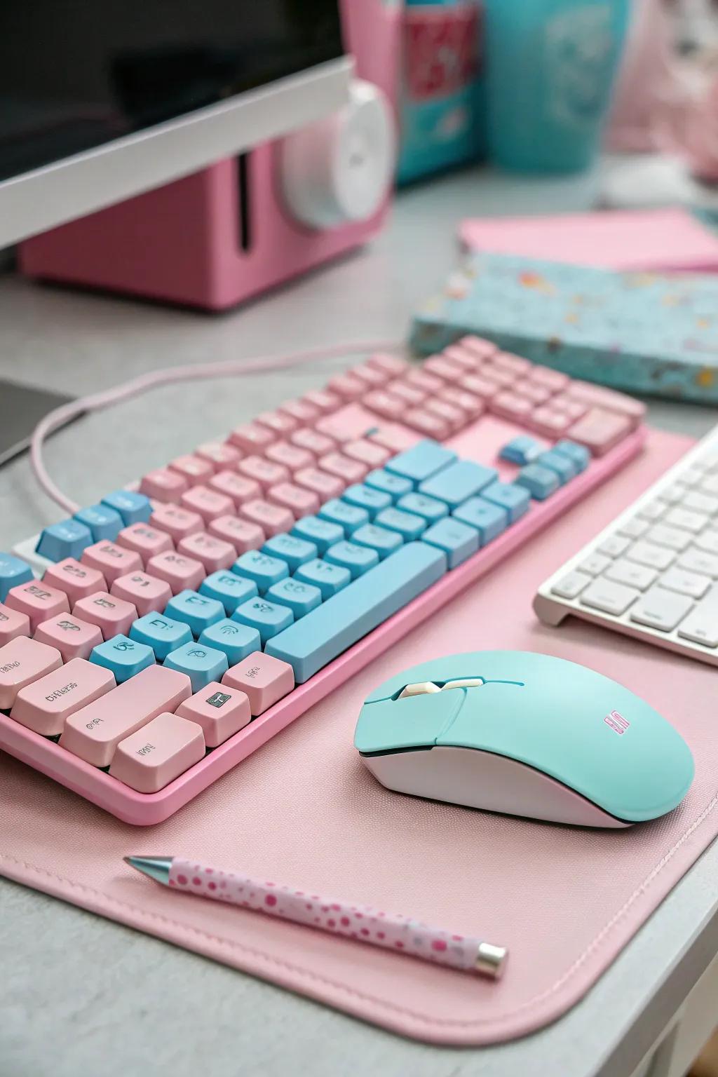 A PC setup styled with pastels, radiating a sense of peace and allure.