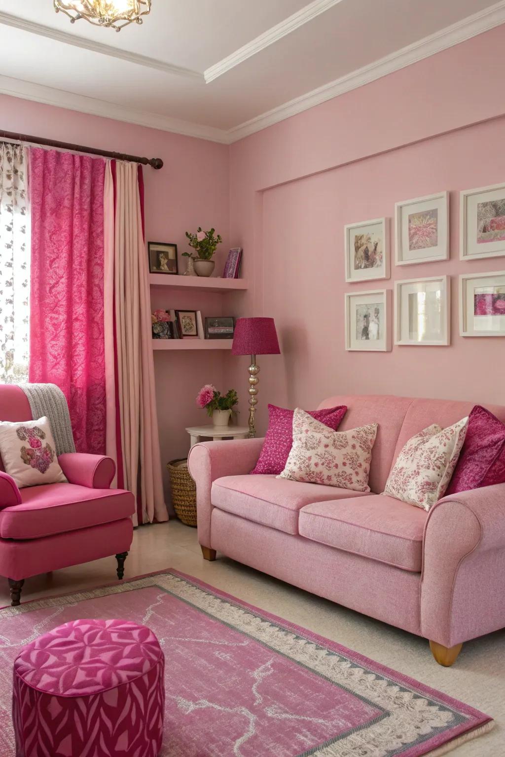 A monochromatic pink palette fashions a balanced and welcoming living room.