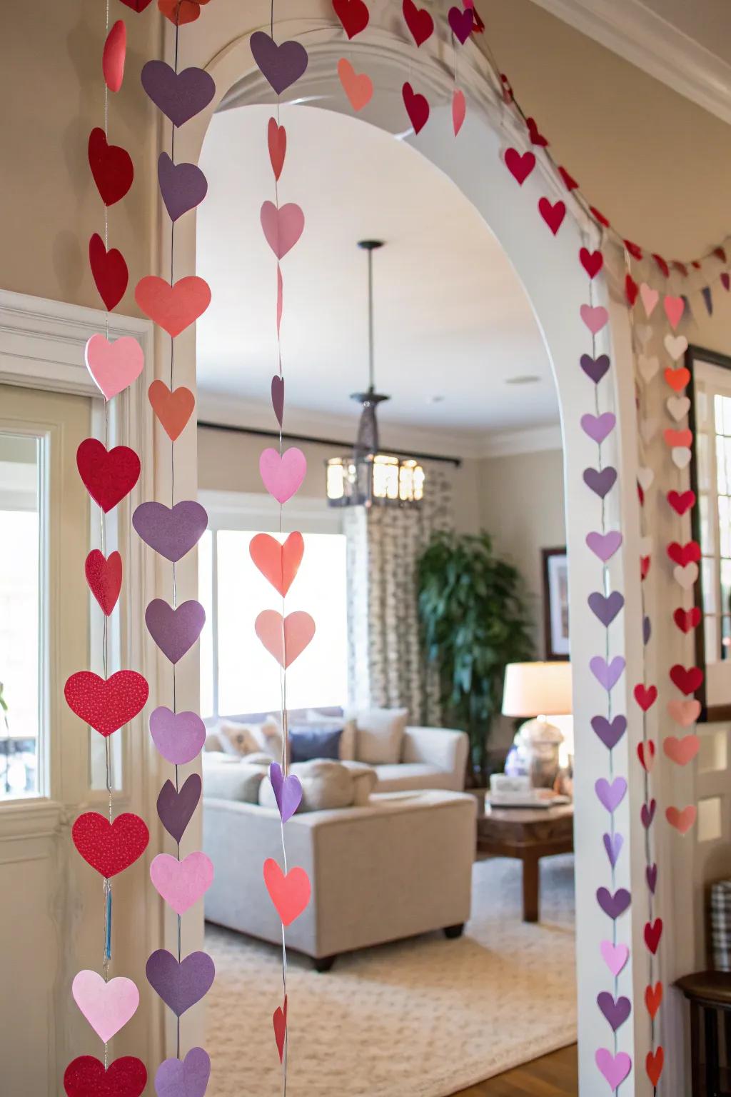 A lively chain of paper hearts enhancing allure to an embellished entrance.