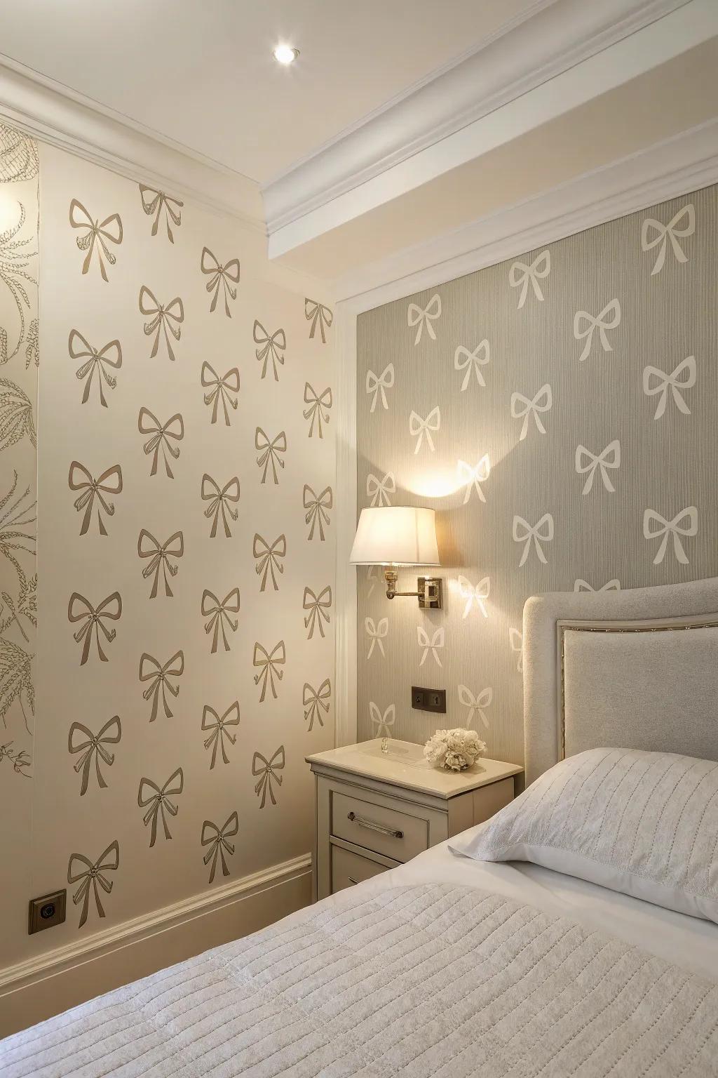 A bedroom's wall highlighted with a simple ribbon pattern wall covering, evoking a peaceful vibe.