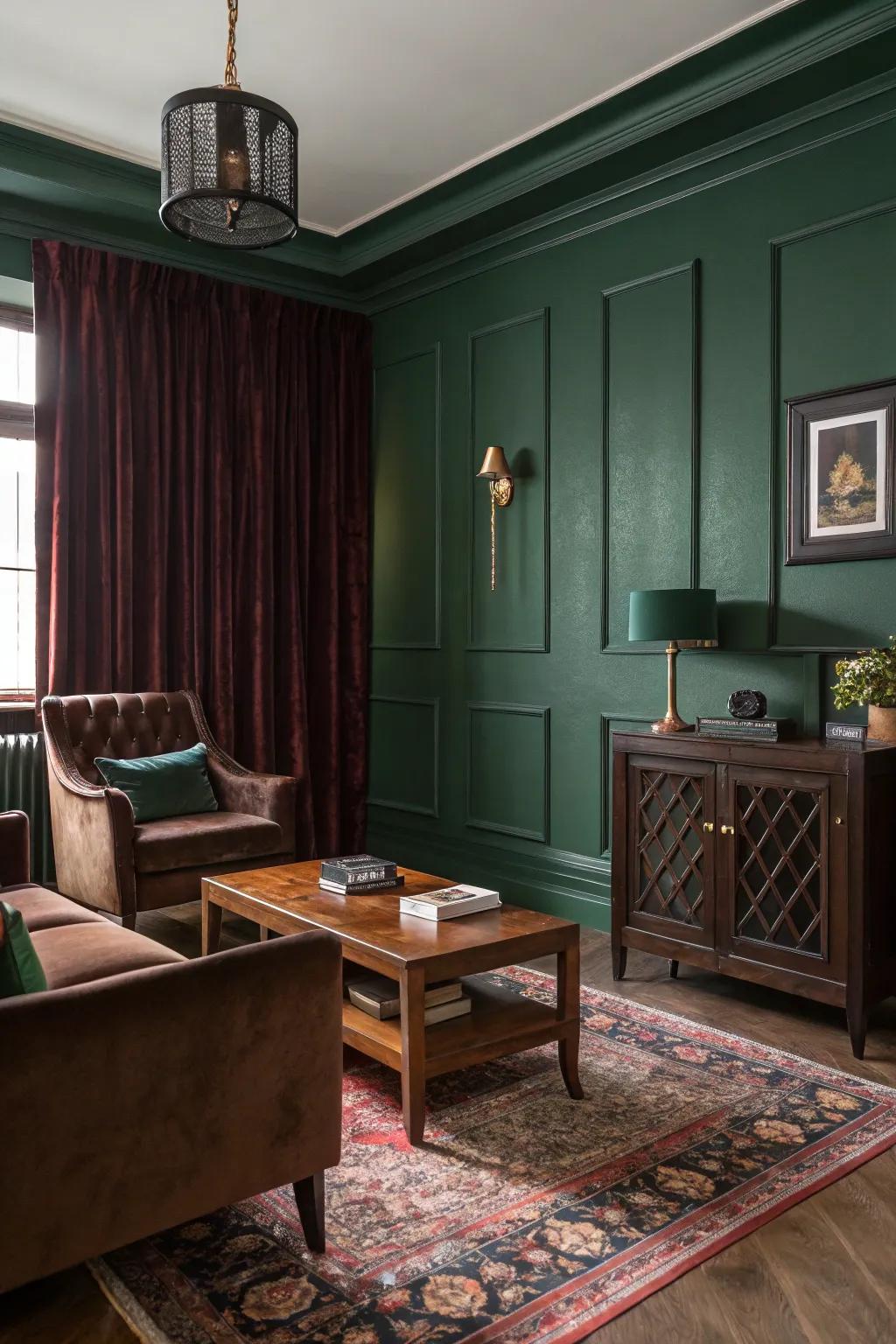 Rich earth tones create the perfect mood for an inviting dark academia space.