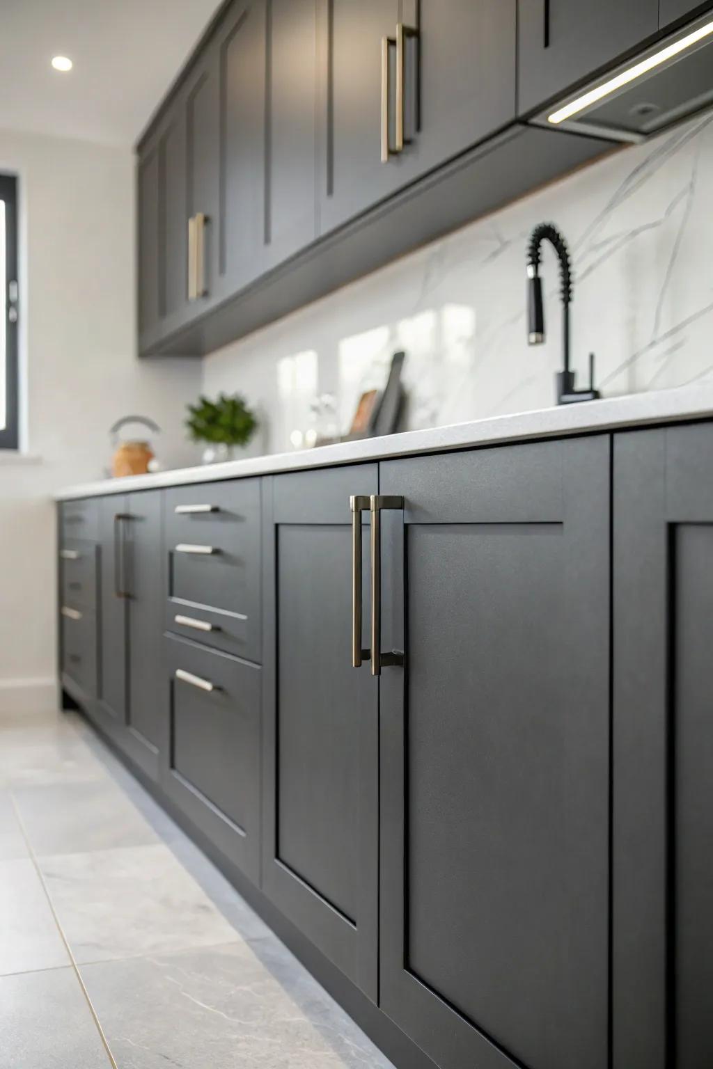 A minimalist cooking space featuring deep gray cabinets, designed to foster serenity and order.