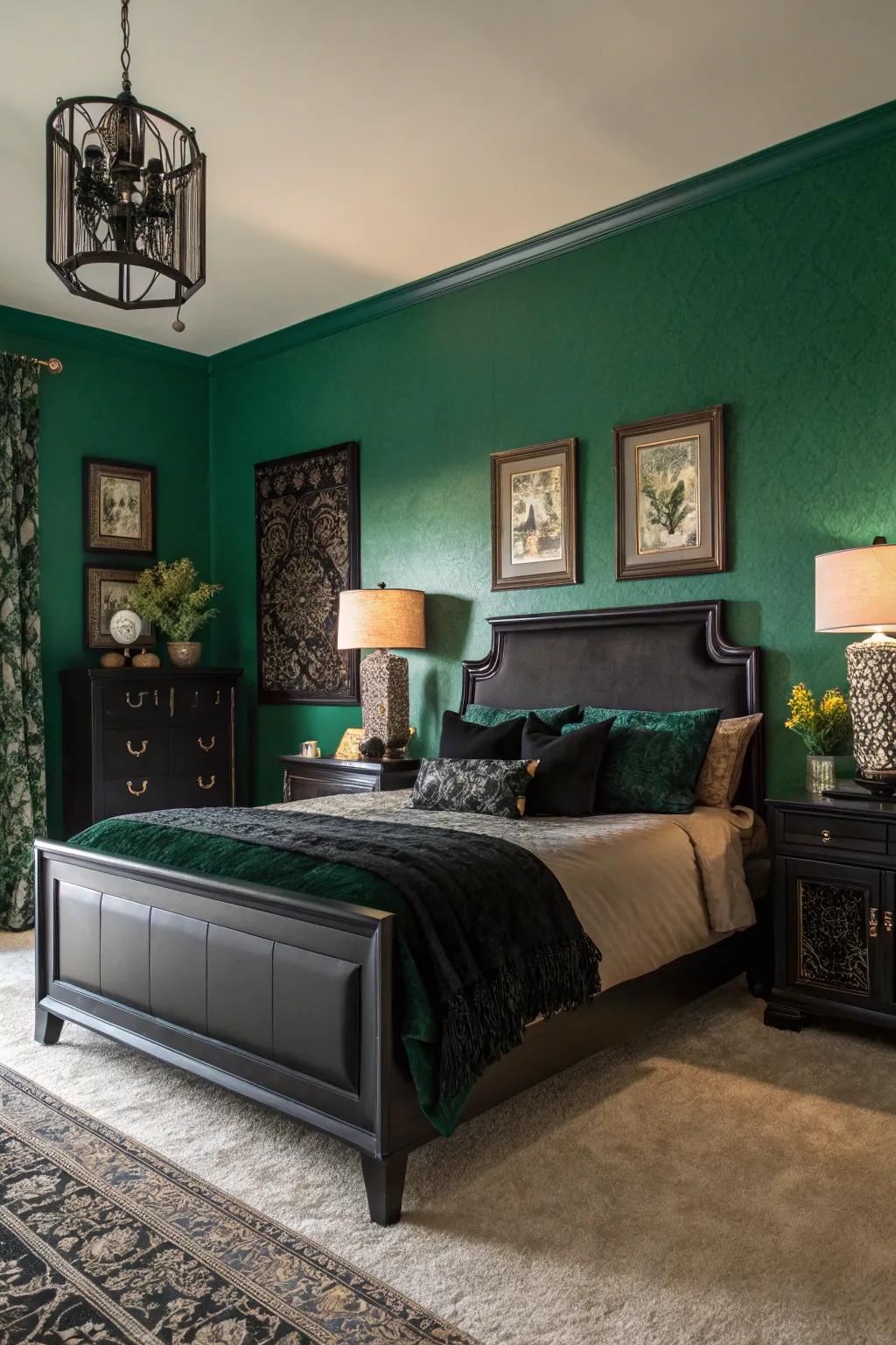 A verdant feature wall complemented by chic ebony furnishings.