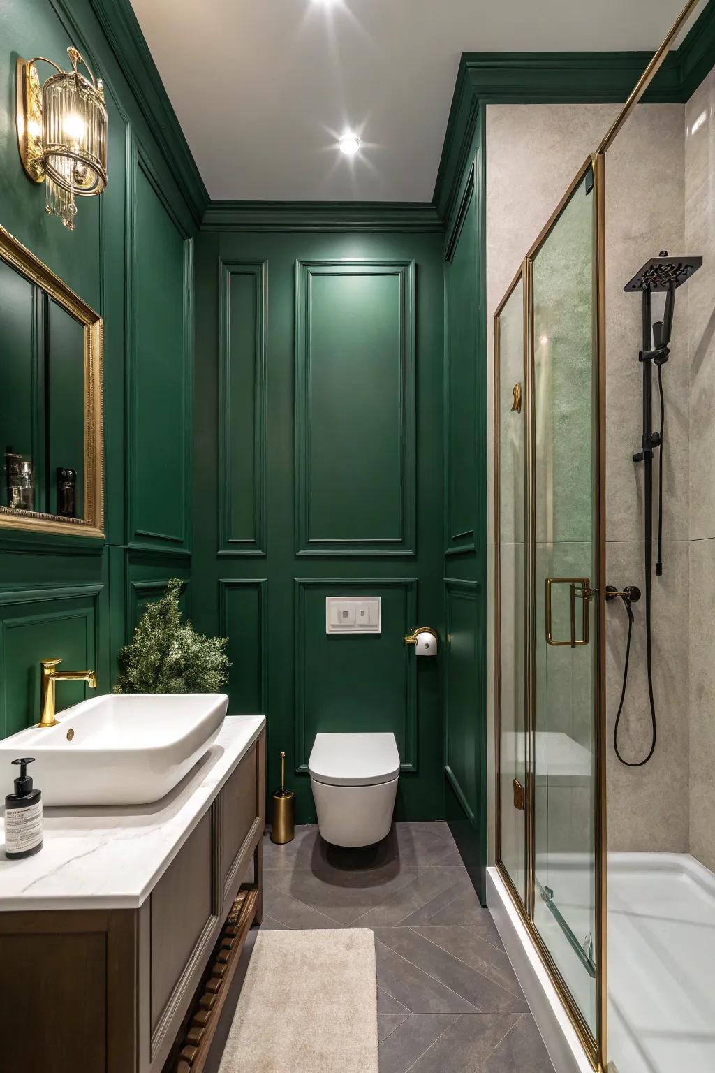 Luxurious dark green walls establish a striking and inviting ambiance.