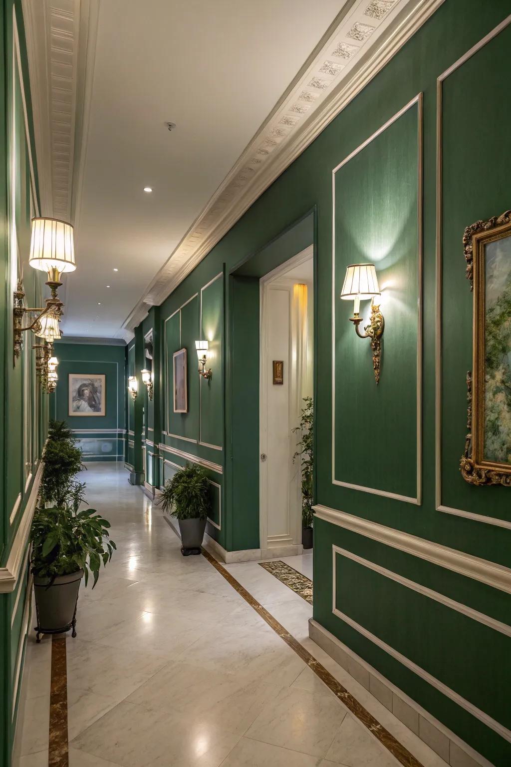 Walls in a deep green shade reinvent this hallway into a space of pure elegance.