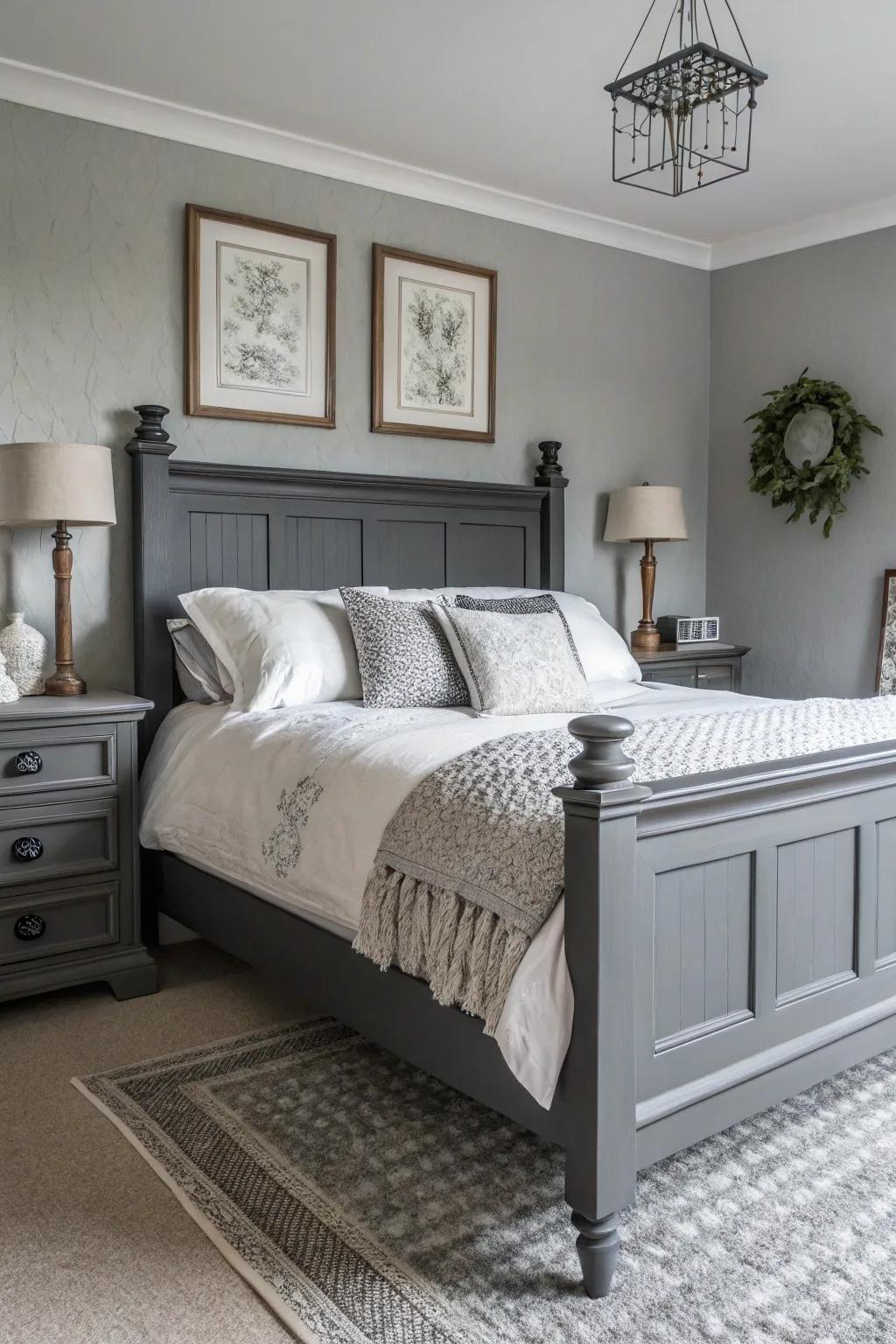 A monochrome bedroom with a dark grey bed frame, exuding calm and elegance.