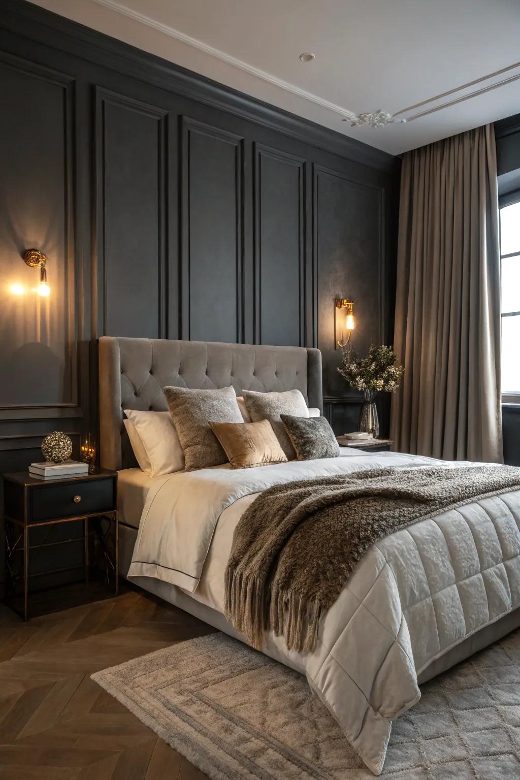 A bedroom in dark grey, crafted for ultimate relaxation and comfort.