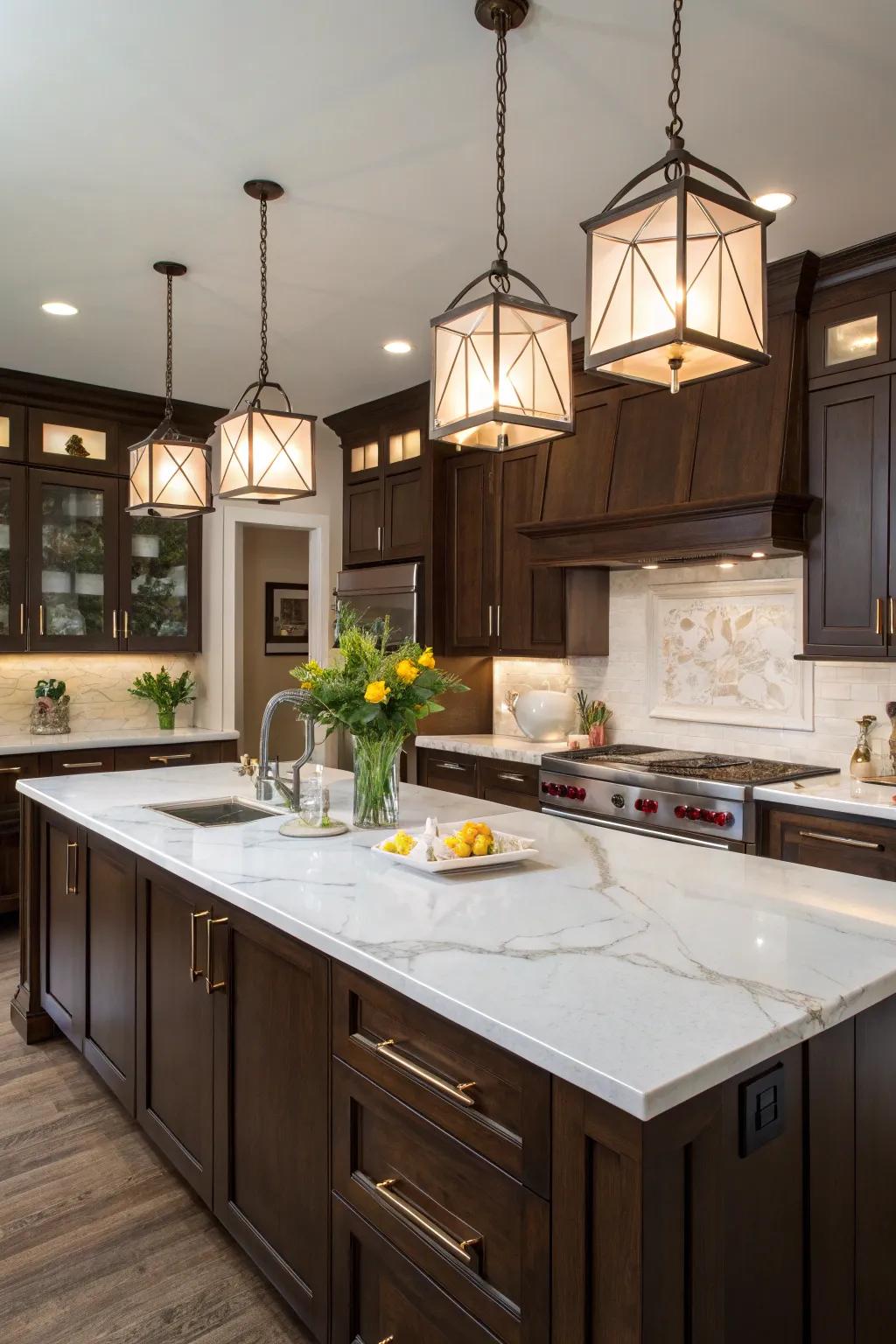 Dark cabinets provide a stunning contrast when paired with white marble countertops, achieving a harmonious balance.