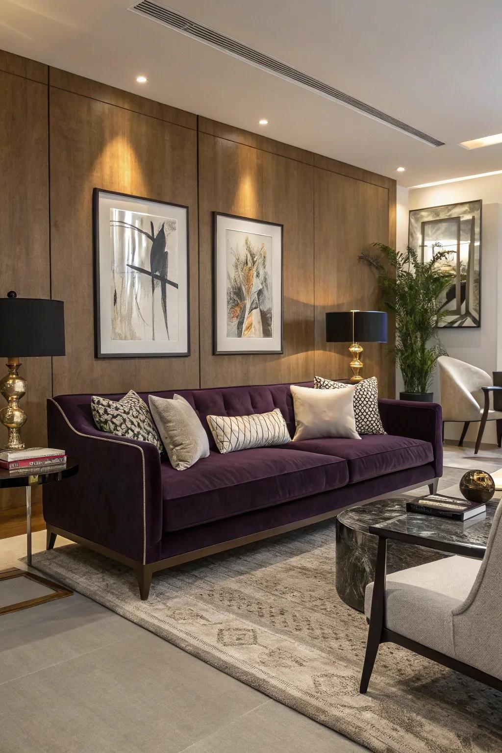 A deep violet velvet couch enhances the lavishness and comfort of a modern living area.