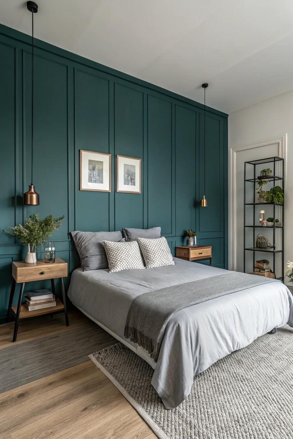 A dark teal accent wall gives a sense of depth and high style.