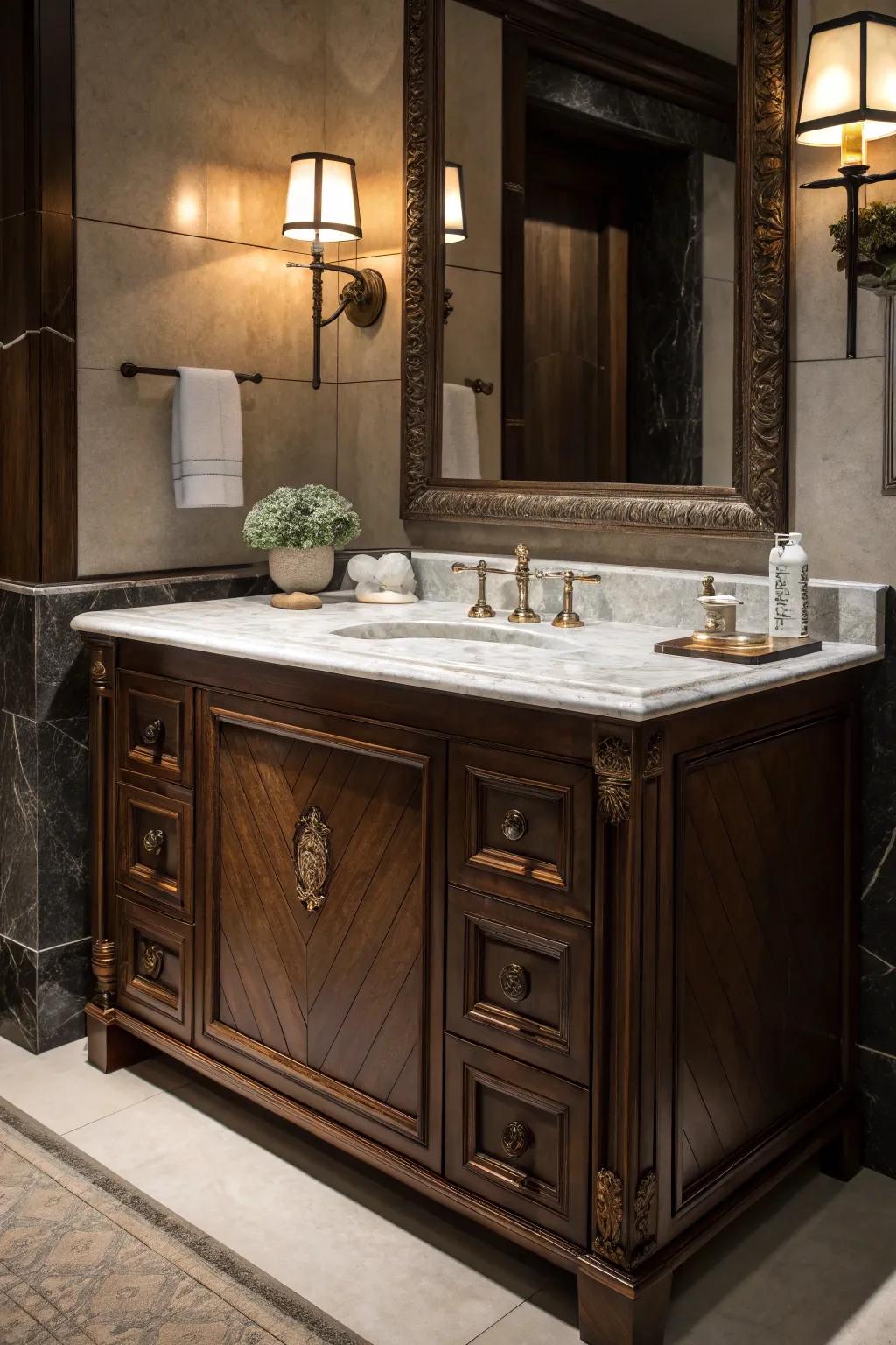 A quintessential deep wood vanity paired exquisitely with a pristine marble surface.