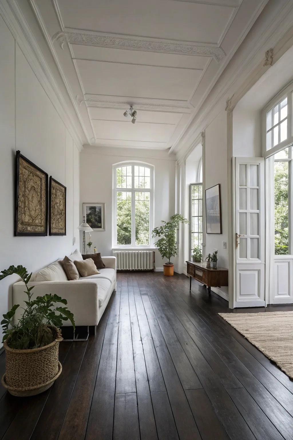 A minimalist living room showcasing the contrast between dark wood floors and stark white walls.