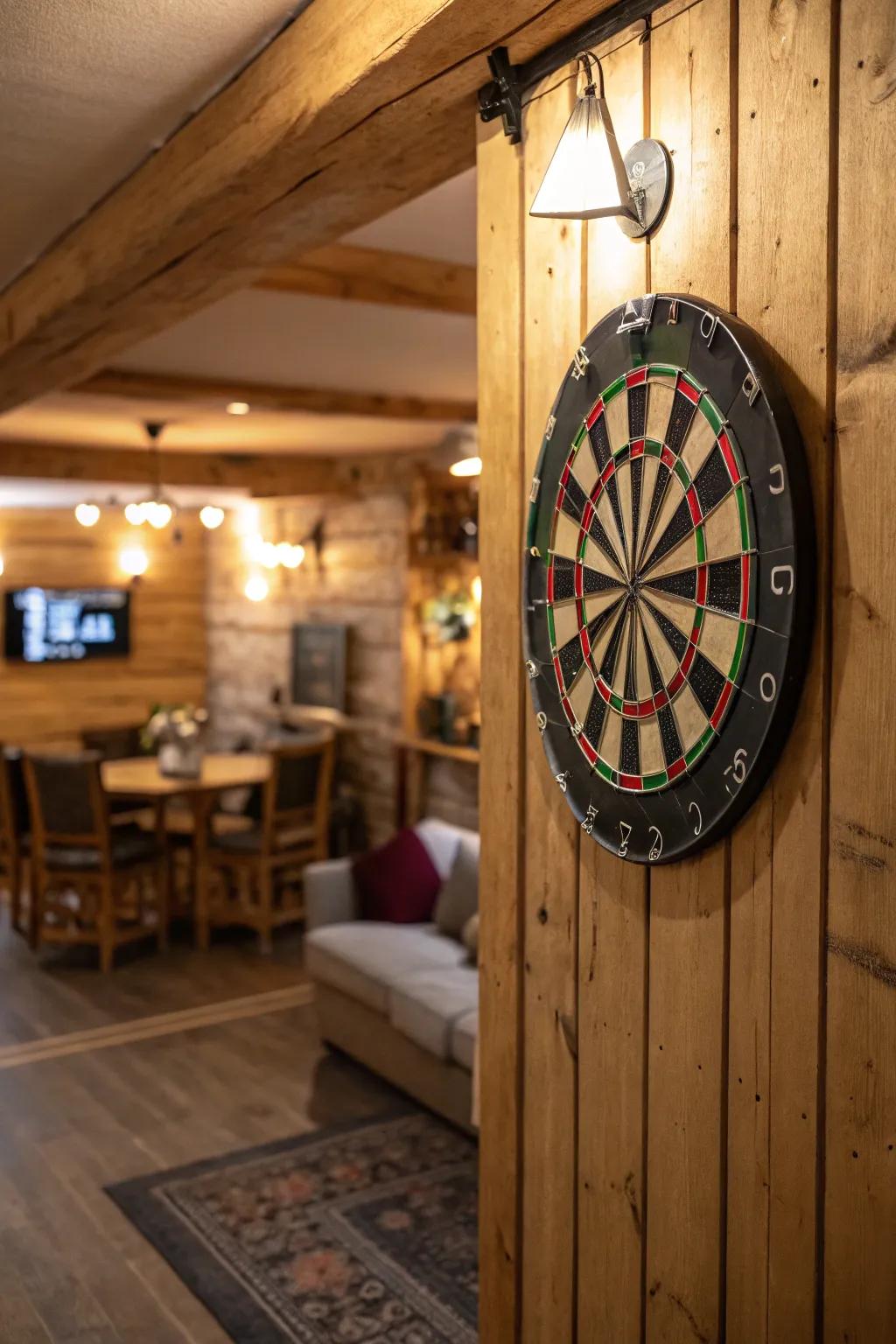 A delightful country-style wooden backdrop enhancing your dart board.