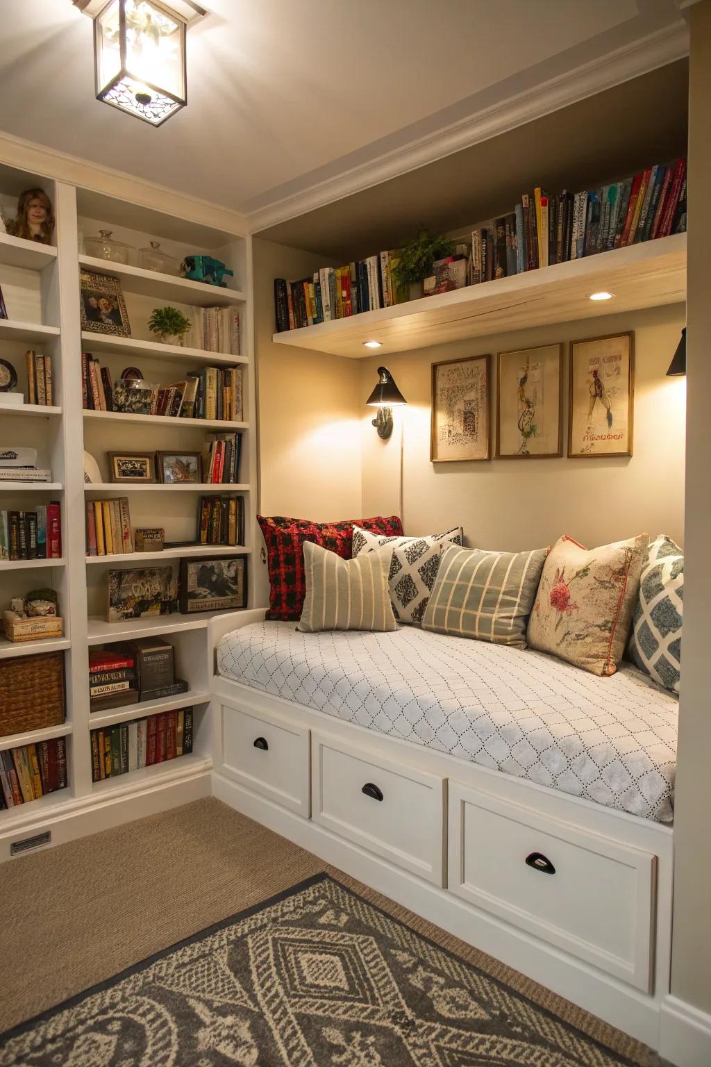 Optimize your available space with a daybed equipped with built-in shelving and storage options.