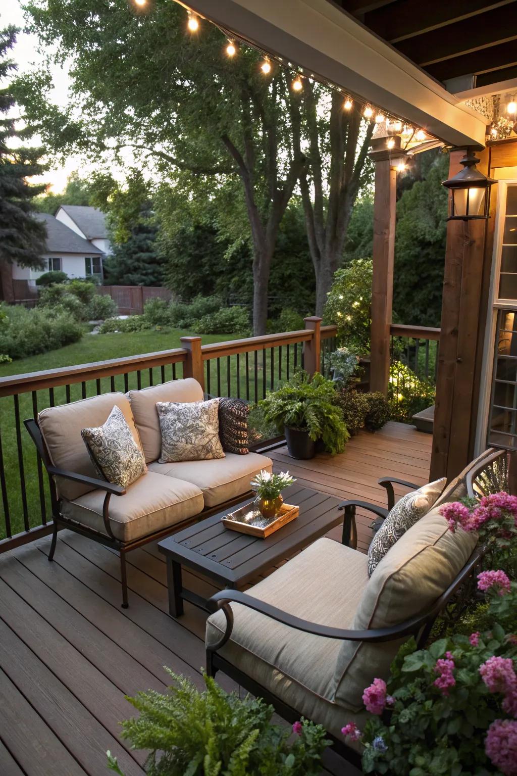 An attractive seating area on a deck, ideal for savoring a morning beverage.
