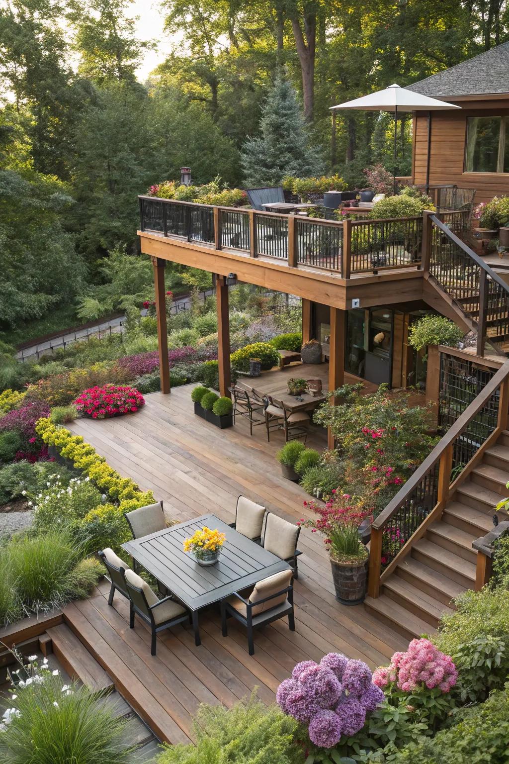 Tiered decks present a vibrant and functional outdoor living space.