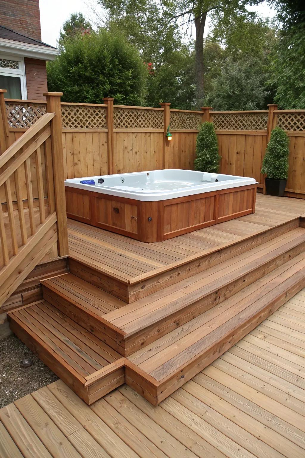A hot tub effortlessly blends into the deck’s overall design.