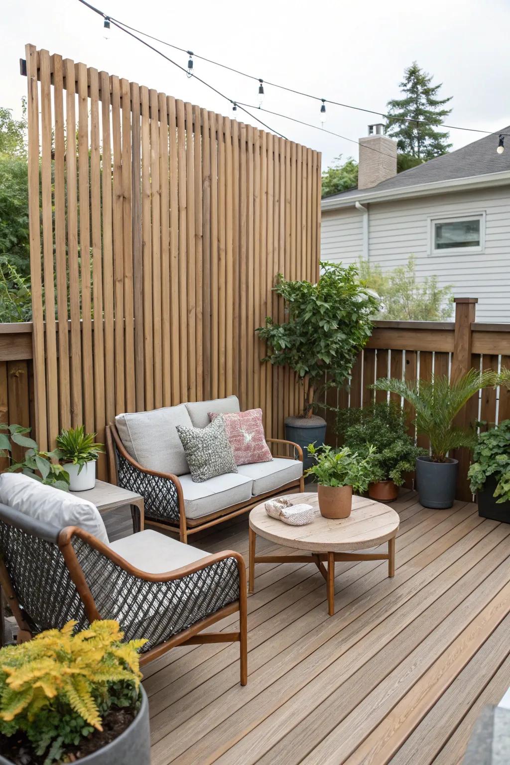 A chic deck showcasing a vertical timber panel seclusion partition.