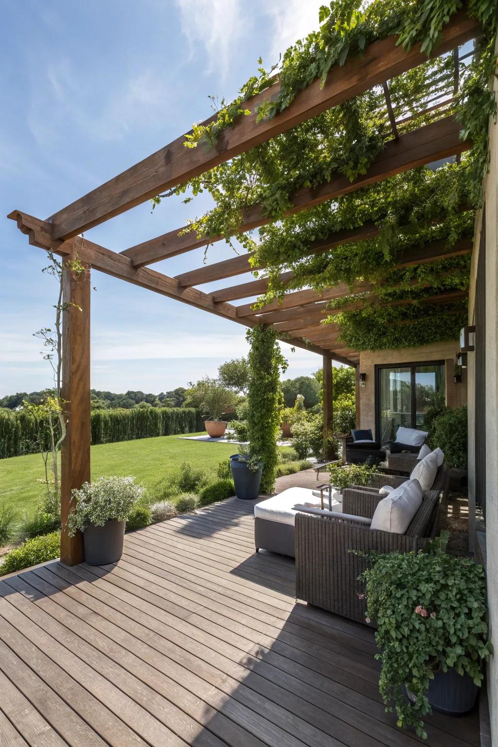 Pergolas masterfully combine elegance and shade, an ideal pairing for any deck.